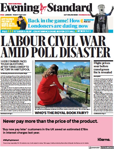 London Evening Standard Newspaper Front Page for 10 May 2021