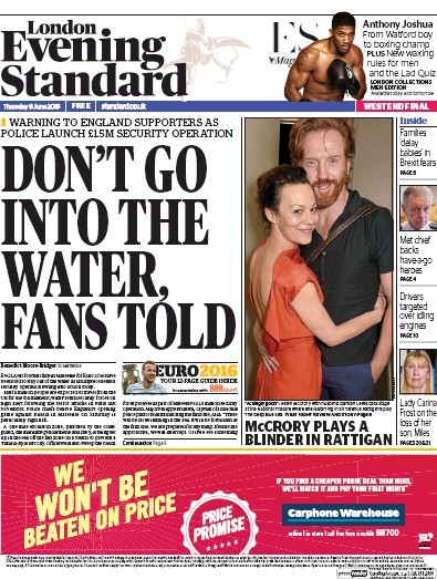 London Evening Standard Newspaper Front Page for 10 June 2016
