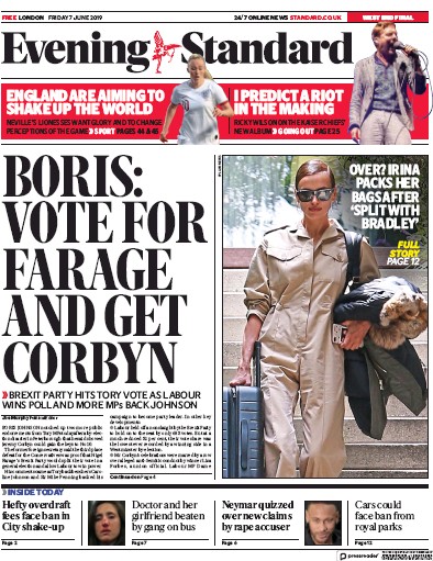 London Evening Standard Newspaper Front Page for 10 June 2019