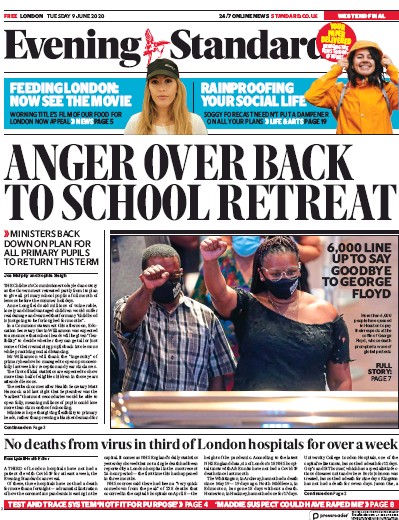 London Evening Standard Newspaper Front Page for 10 June 2020