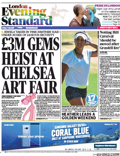 London Evening Standard Newspaper Front Page for 10 July 2017