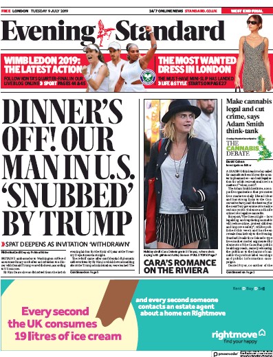 London Evening Standard Newspaper Front Page for 10 July 2019