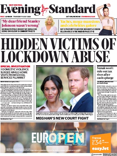 London Evening Standard (UK) Newspaper Front Page for 10 July 2020