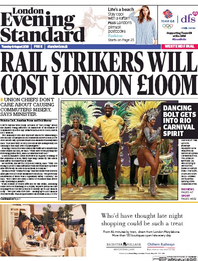 London Evening Standard Newspaper Front Page for 10 August 2016