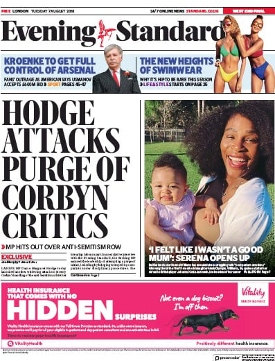London Evening Standard Newspaper Front Page for 10 August 2018