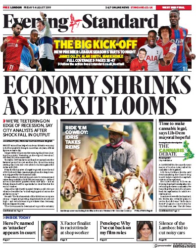 London Evening Standard Newspaper Front Page for 10 August 2019