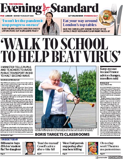 London Evening Standard Newspaper Front Page for 10 August 2020