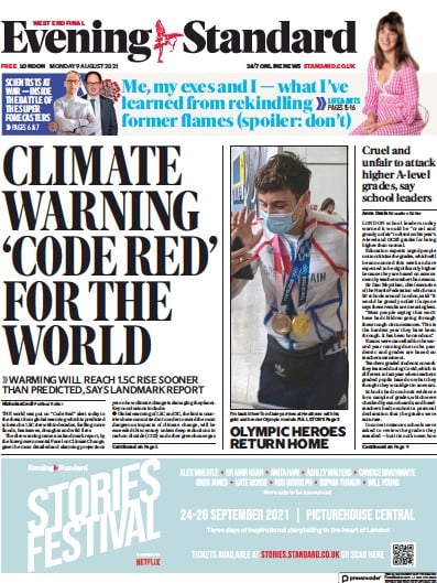 London Evening Standard (UK) Newspaper Front Page for 10 August 2021
