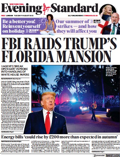 London Evening Standard (UK) Newspaper Front Page for 10 August 2022