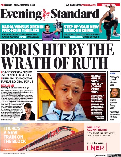 London Evening Standard Newspaper Front Page for 10 September 2019