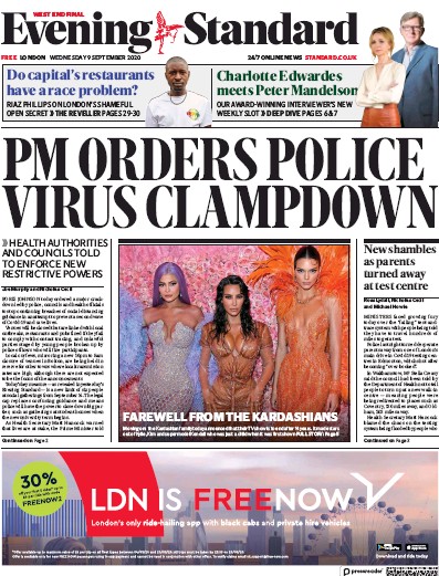 London Evening Standard Newspaper Front Page for 10 September 2020