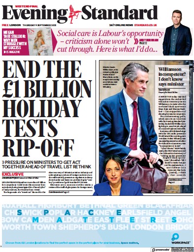 London Evening Standard (UK) Newspaper Front Page for 10 September 2021