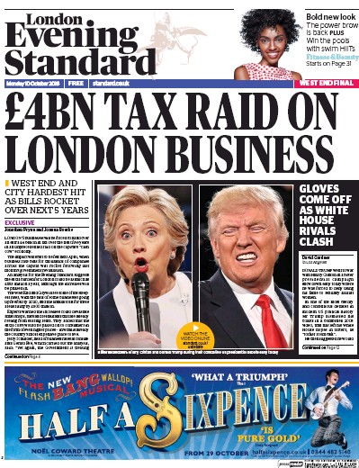 London Evening Standard Newspaper Front Page for 11 October 2016