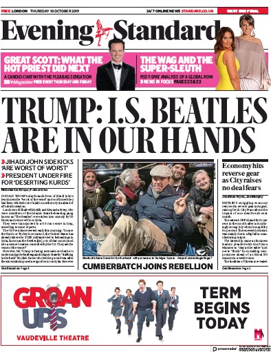 London Evening Standard Newspaper Front Page for 11 October 2019