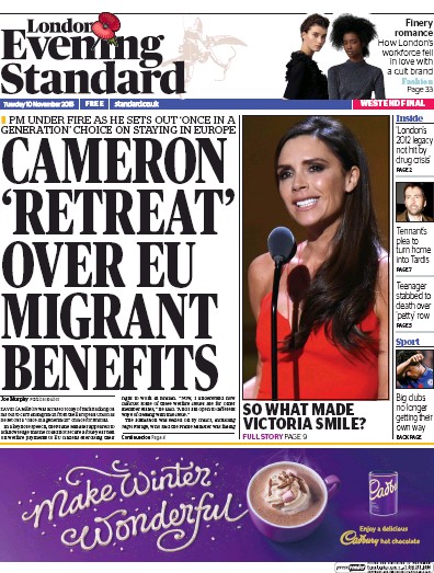 London Evening Standard Newspaper Front Page for 11 November 2015