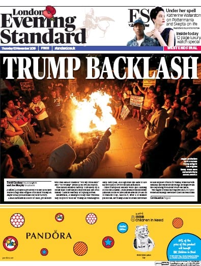London Evening Standard Newspaper Front Page for 11 November 2016