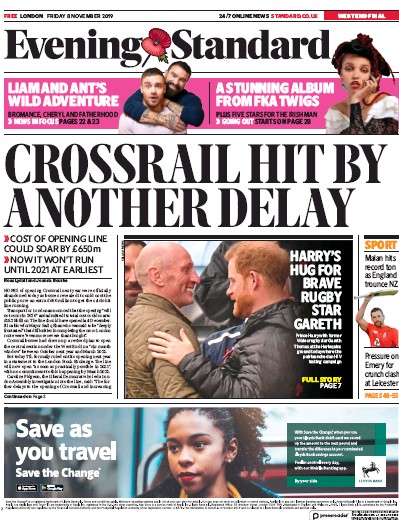 London Evening Standard Newspaper Front Page for 11 November 2019