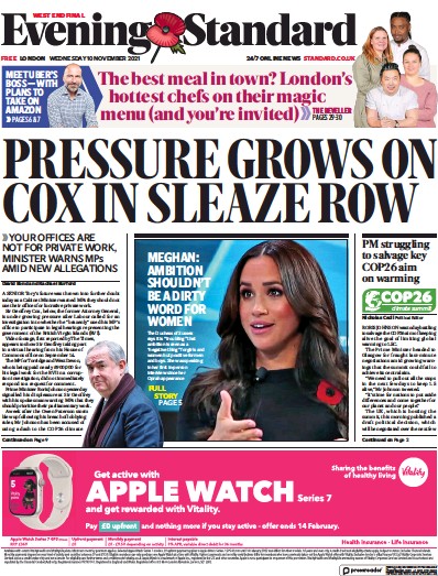 London Evening Standard (UK) Newspaper Front Page for 11 November 2021