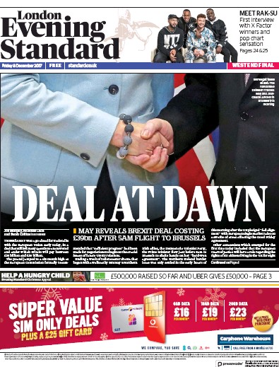London Evening Standard Newspaper Front Page for 11 December 2017