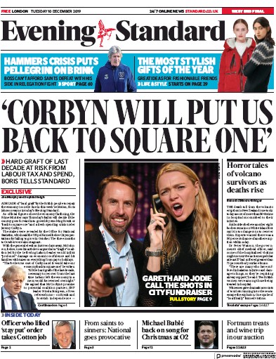 London Evening Standard Newspaper Front Page for 11 December 2019