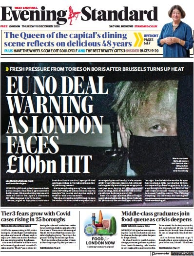 London Evening Standard Newspaper Front Page for 11 December 2020