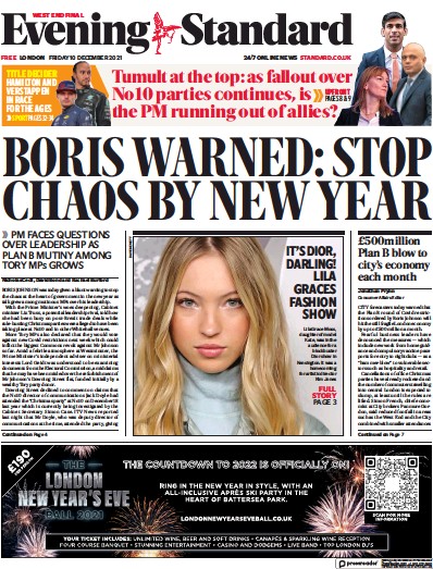 London Evening Standard (UK) Newspaper Front Page for 11 December 2021