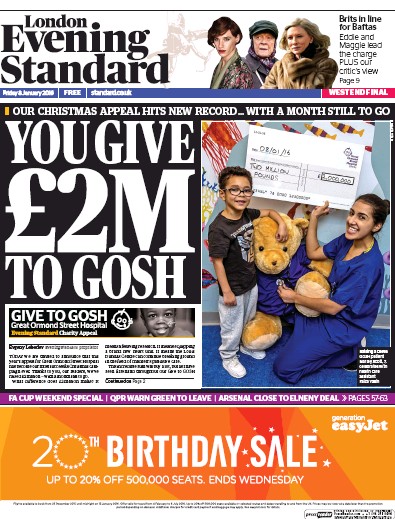 London Evening Standard Newspaper Front Page for 11 January 2016