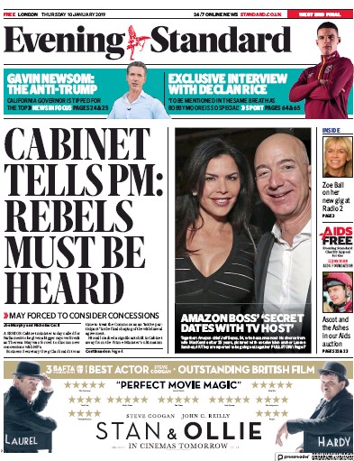 London Evening Standard Newspaper Front Page for 11 January 2019