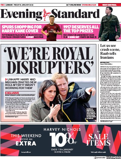 London Evening Standard Newspaper Front Page for 11 January 2020