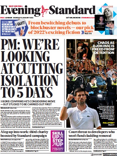 London Evening Standard (UK) Newspaper Front Page for 11 January 2022