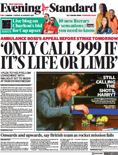 London Evening Standard (UK) Newspaper Front Page for 11 January 2023