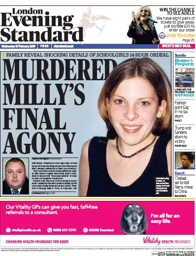 London Evening Standard Newspaper Front Page for 11 February 2016
