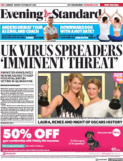 London Evening Standard Newspaper Front Page for 11 February 2020