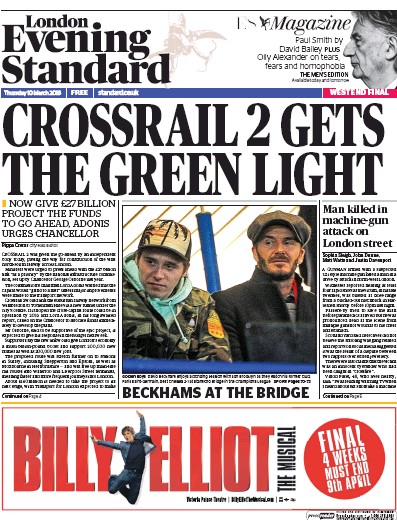 London Evening Standard Newspaper Front Page for 11 March 2016