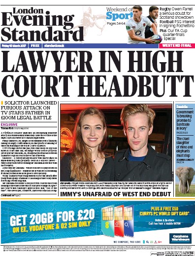 London Evening Standard Newspaper Front Page for 11 March 2017