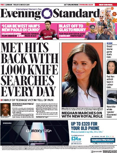 London Evening Standard Newspaper Front Page for 11 March 2019