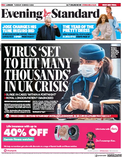London Evening Standard Newspaper Front Page for 11 March 2020