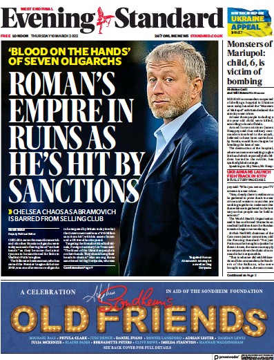 London Evening Standard Newspaper Front Page for 11 March 2022