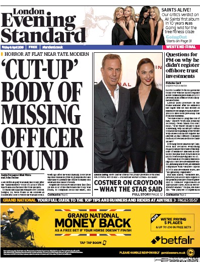 London Evening Standard Newspaper Front Page for 11 April 2016