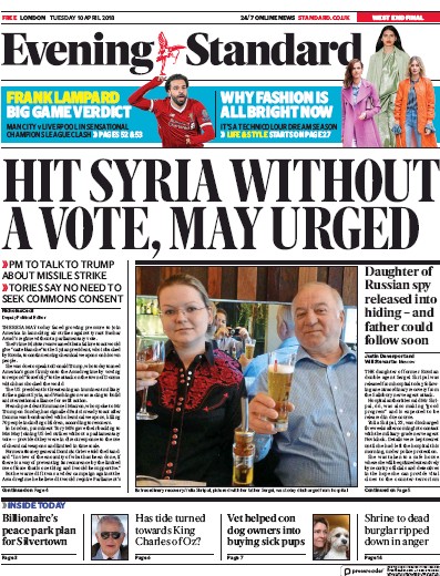 London Evening Standard Newspaper Front Page for 11 April 2018