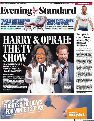 London Evening Standard Newspaper Front Page for 11 April 2019