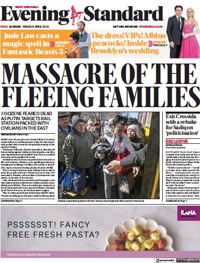 London Evening Standard Newspaper Front Page for 11 April 2022