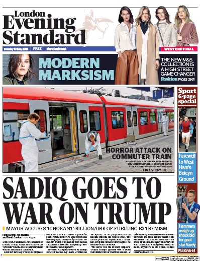 London Evening Standard (UK) Newspaper Front Page for 11 May 2016