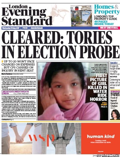 London Evening Standard Newspaper Front Page for 11 May 2017