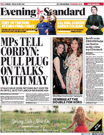 London Evening Standard Newspaper Front Page for 11 May 2019