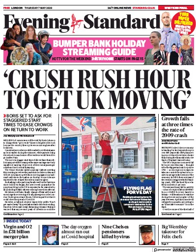 London Evening Standard Newspaper Front Page for 11 May 2020