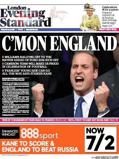 London Evening Standard Newspaper Front Page for 11 June 2016