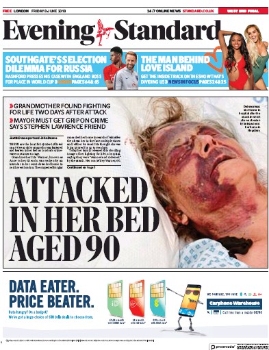 London Evening Standard Newspaper Front Page for 11 June 2018