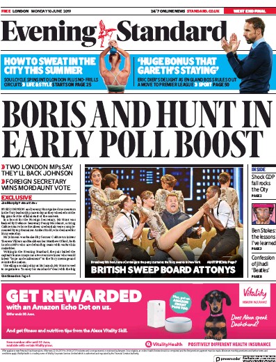 London Evening Standard Newspaper Front Page for 11 June 2019