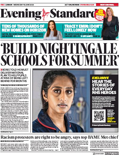 London Evening Standard Newspaper Front Page for 11 June 2020